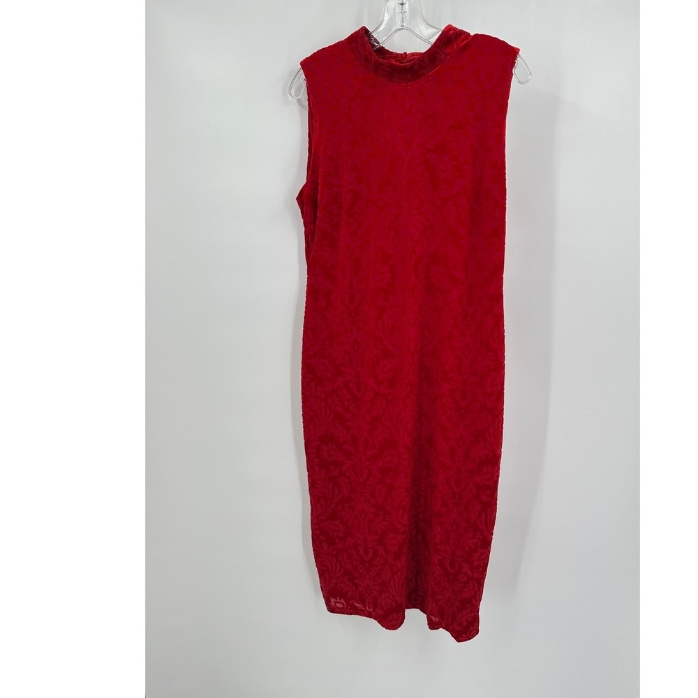 Womens Festive Damask Velvet Mock Neck Midi Dress Size XL Romantic Holiday Red
